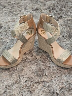 Women's Tan Wedge Espadrille Sandals with Metallic Straps